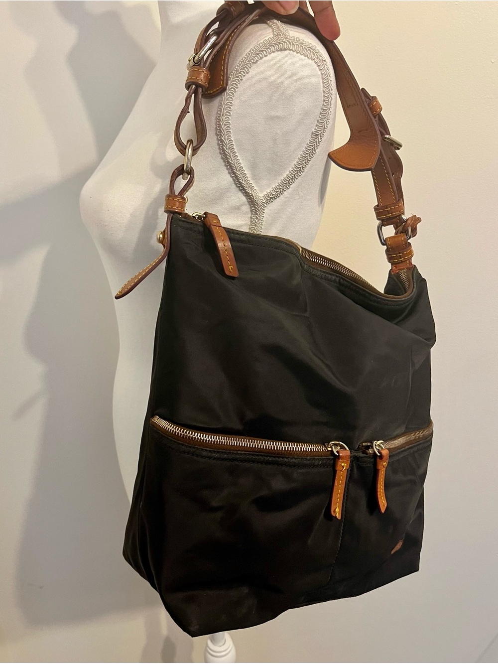 Dooney & Bourke Black Nylon Shoulder Bag with Brown Leather Trim - Picture 8 of 9